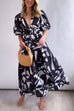 Mixiedress V Neck Half Sleeves Waisted Printed Maxi Swing Dress