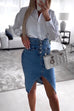 Mixiedress High Waist Slit Front Knee Length Denim Skirt