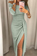 Mixiedress Solid Off Shoulder High Slit Glitter Long Dress