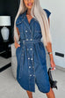 Mixiedress Lapel Double Breasted Curve Hem Denim Midi Dress with Belt