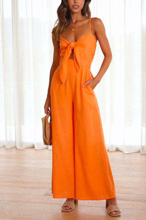 Mixiedress Knot Front Cut Out Wide Leg Cami Jumpsuit