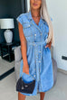 Mixiedress Lapel Double Breasted Curve Hem Denim Midi Dress with Belt