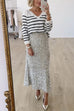 High Waist Flared Shinny Sequin Maxi Party Skirt