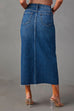 Mixiedress High Rise Raw Hem Slit Front Denim Midi Skirt