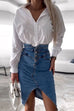 Mixiedress High Waist Slit Front Knee Length Denim Skirt