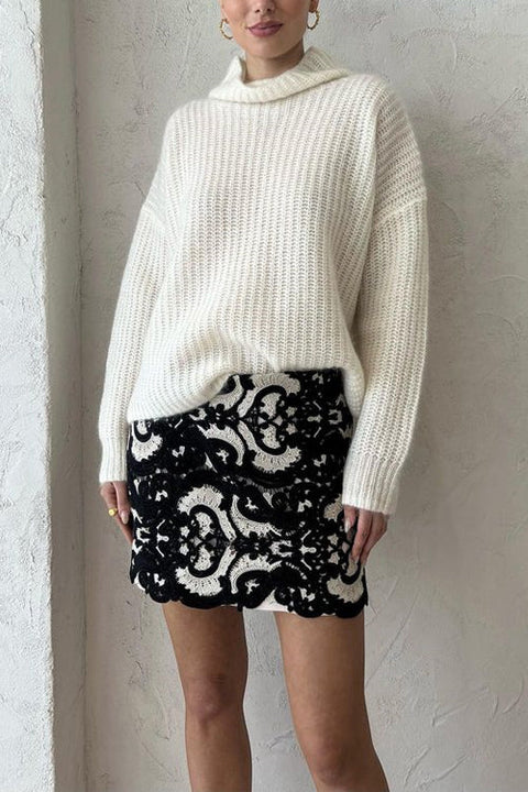 Cowl Neck Drop Shoulder Side Split Knit Sweater