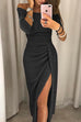 Mixiedress Solid Off Shoulder High Slit Glitter Long Dress