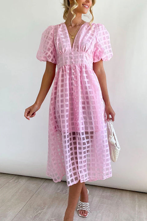 Mixiedress V Neck Lantern Sleeve Waisted A-line Dress