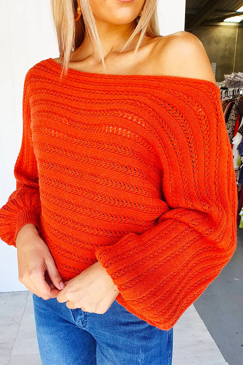 Mixiedress Off Shoulder Balloon Sleeves Hollow Out Pullover Sweater