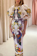Mixiedress 3/4 Puff Sleeves Back Slit Birdie Printed Maxi Dress