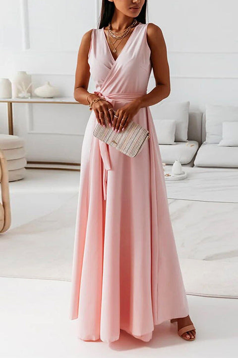 Mixiedress Wrap V Neck Tie Waist Sleeveless Maxi Swing Dress