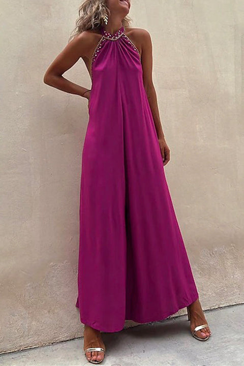 Mixiedress Halter Backless Wide Leg Beaded Party Jumpsuit