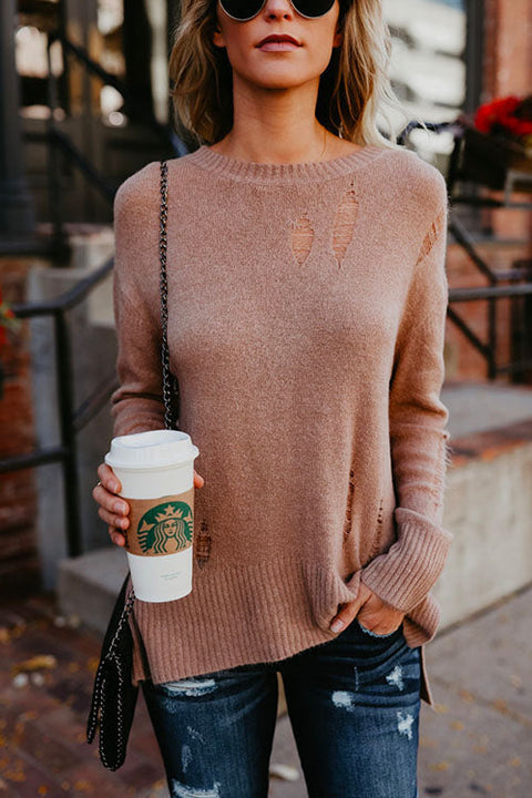 Mixiedress Crewneck Side Split Ripped Comfy Sweater
