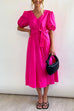 Mixiedress V Neck Short Sleeve Knot Waist Solid Swing Dress