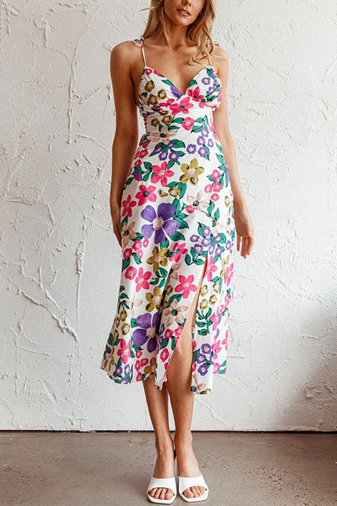 Mixiedress Tie Shoulder High Waist Slit Cami Midi Floral Dress