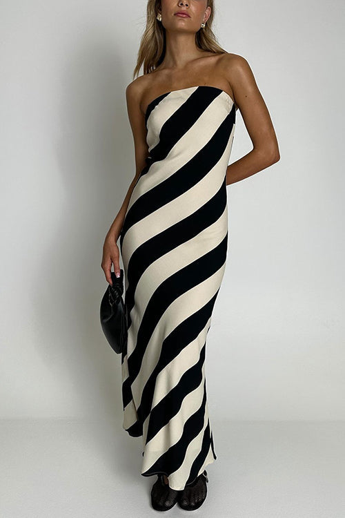 Strapless Tube Color Block Stripes Maxi Dress