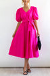 Mixiedress V Neck Short Sleeve Knot Waist Solid Swing Dress