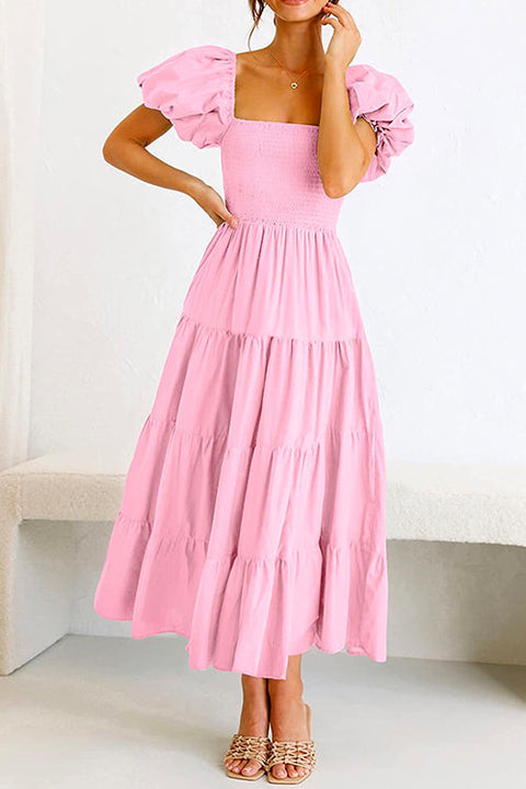 Mixiedress Square Collar Puff Sleeve Smocked Ruffle Tiered Dress