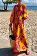 Mixiedress V Neck Long Sleeves Tie Waist Floral Maxi Holiday Dress