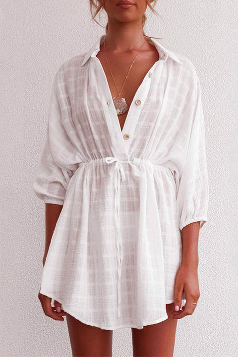 Mixiedress 3/4 Sleeve Drawstring Waist Beach Mini Shirt Dress