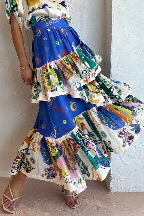 Mixiedress Graffiti Printed Ruffle Layered Skirt