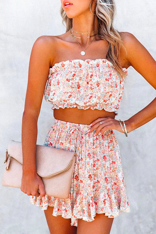 Mixiedress Ruffle Tube Crop Top Elastic Waist Shorts Printed Set
