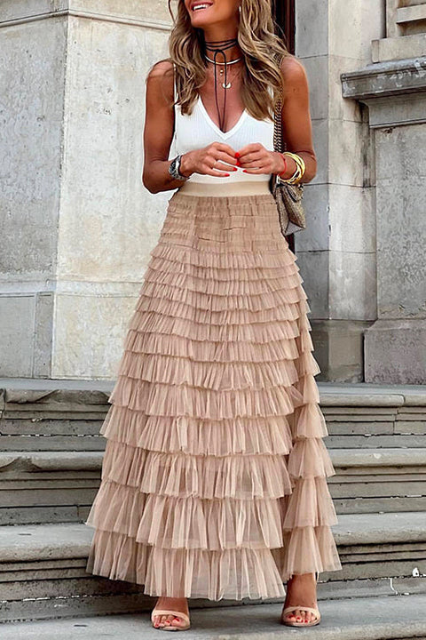 Mixiedress Ruffle Layered Mesh A-line Long Tulle Skirt