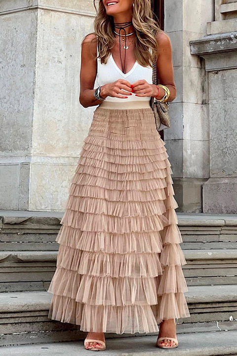 Mixiedress Ruffle Layered Mesh A-line Long Tulle Skirt