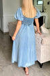 Mixiedress Puff Sleeves Smocked Empire Waist Denim Swing Dress