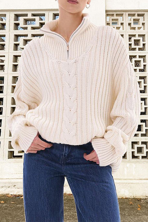 Mixiedress Zipper Up Turtleneck Cable Knit Warm Sweater