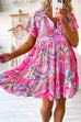 Mixiedress Drawstring V Neck Ruffle Tiered Printed Swing Dress