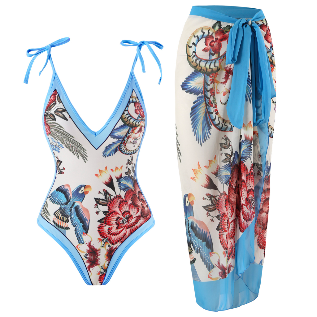 Mixiedress Floral Print V Neck Tie Shoulder One-piece Swimwear and Wrap Cover Up Skirt Set