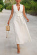 Notch Lapel V Neck Bow Knot Waist Flowy Maxi Dress