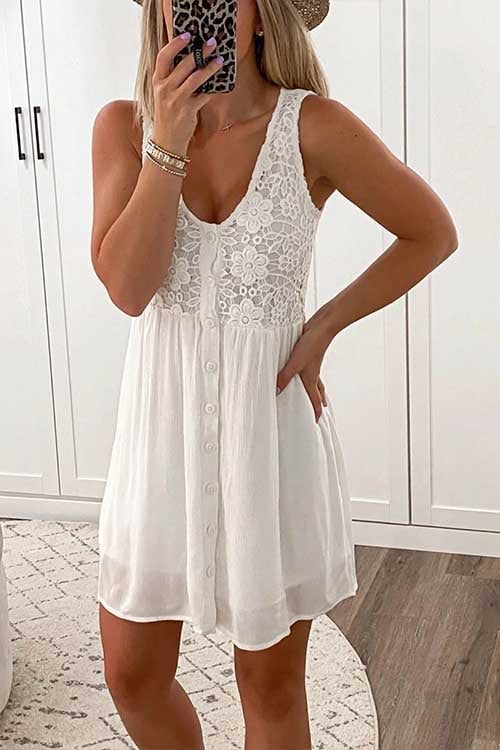 Mixiedress Solid Lace Floral Button Down Sleeveless Dress