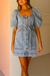 Puff Sleeves Pocketed Button Down Belted Denim Mini Dress