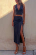 Mixiedress Deep V Neck Sleeveless Crop Top Drawstring Side Split Skirt Set