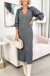 Collared V Neck Side Split Midi Sweater Dress