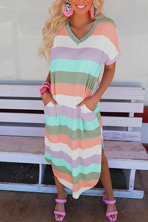 Mixiedress Curve Hem Side Split Rainbow Stripes Midi Dress