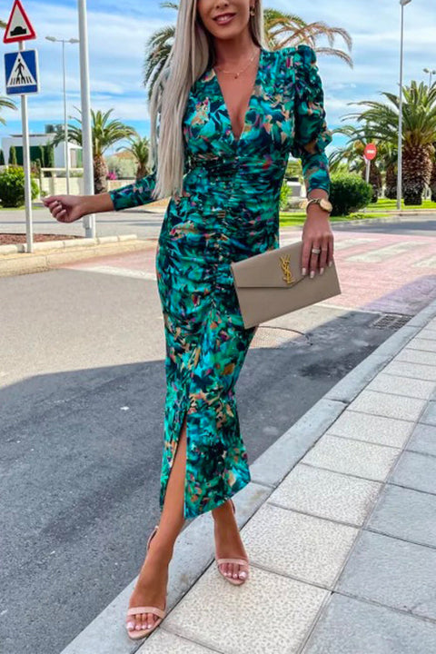 Mixiedress Deep V Neck Long Sleeve Ruched Slit Printed Bodycon Dress