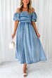 Mixiedress Puff Sleeves Smocked Empire Waist Denim Swing Dress