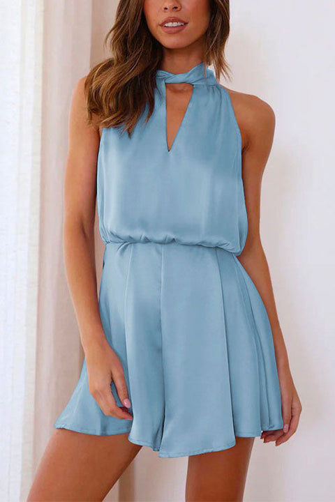 Mixiedress V Neck Cut Out Tie Back Waisted Satin Romper