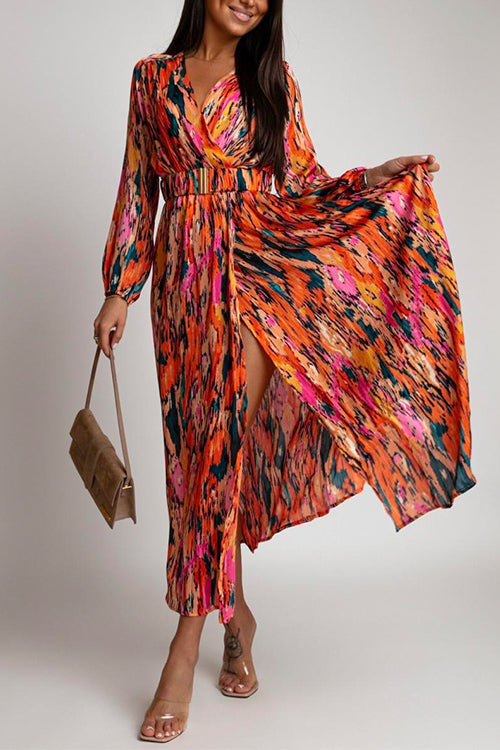 Mixiedress V Neck Long Sleeve Belted Printed Maxi Wrapped Dress