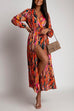 Mixiedress V Neck Long Sleeve Belted Printed Maxi Wrapped Dress