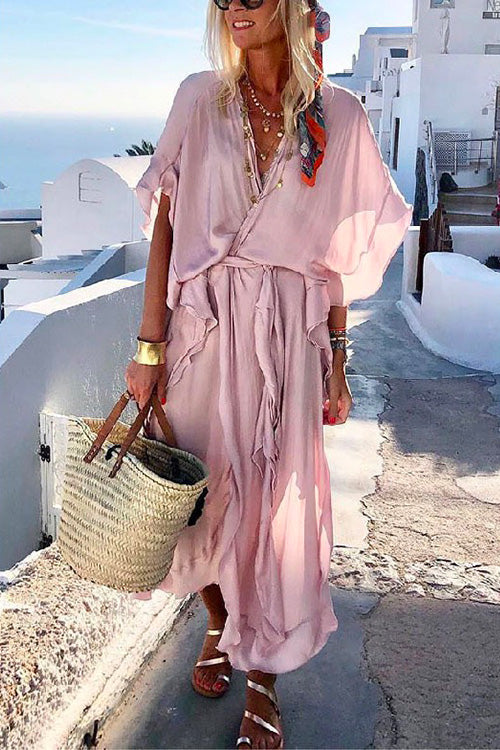 Mixiedress V Neck Batwing Sleeve Tie Waist Ruffle Wrapped Dress