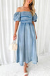 Mixiedress Puff Sleeves Smocked Empire Waist Denim Swing Dress