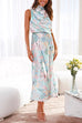 Mixiedress Irregular Tie Neck Waisted Floral Printed Maxi Satin Dress