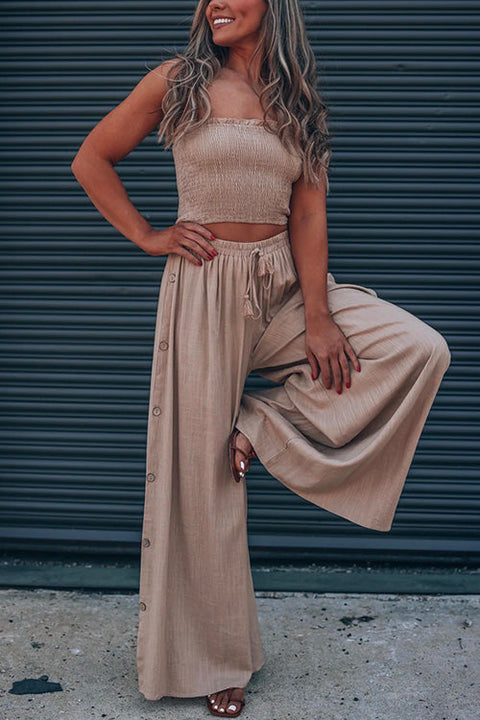 Mixiedress Smocked Tube Top Side Buttons Wide Leg Pants Set