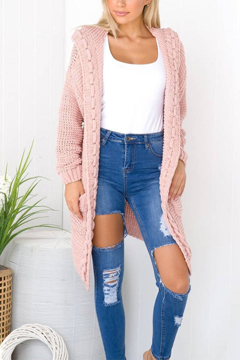 Mixiedress Open Front Ribbed Knitting Hoodied Sweater Outwear