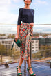 Ruched Front Slit Floral Print Midi Skirt