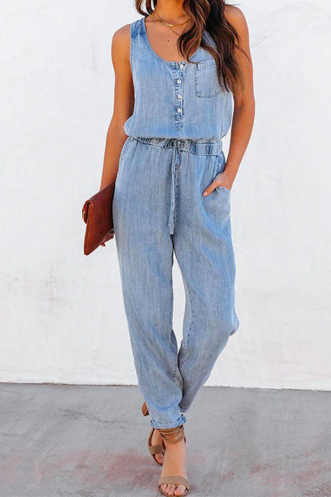 Mixiedress Drawstring Waist Distressed Denim Tank Jumpsuit